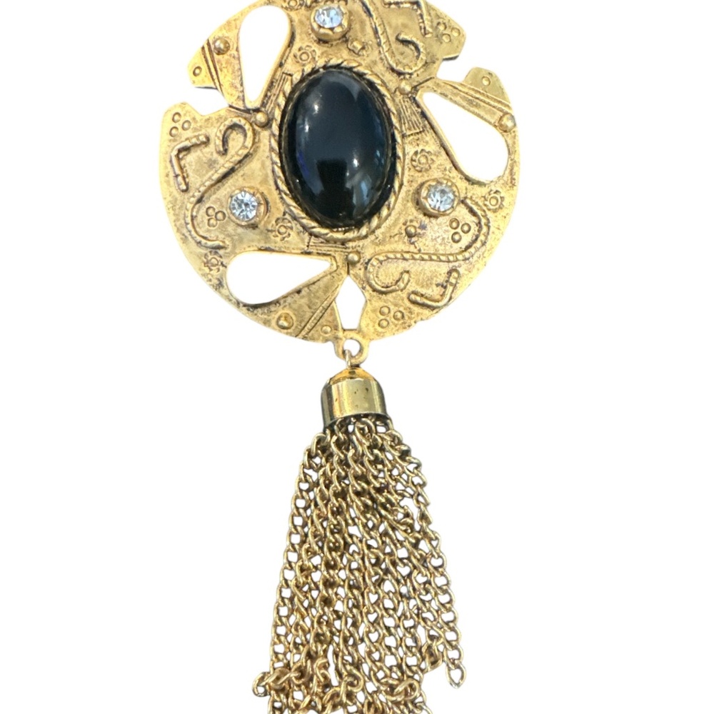 Vintage Brooch Chain Tassel Black Cabochon Rhinestones Gold Tone